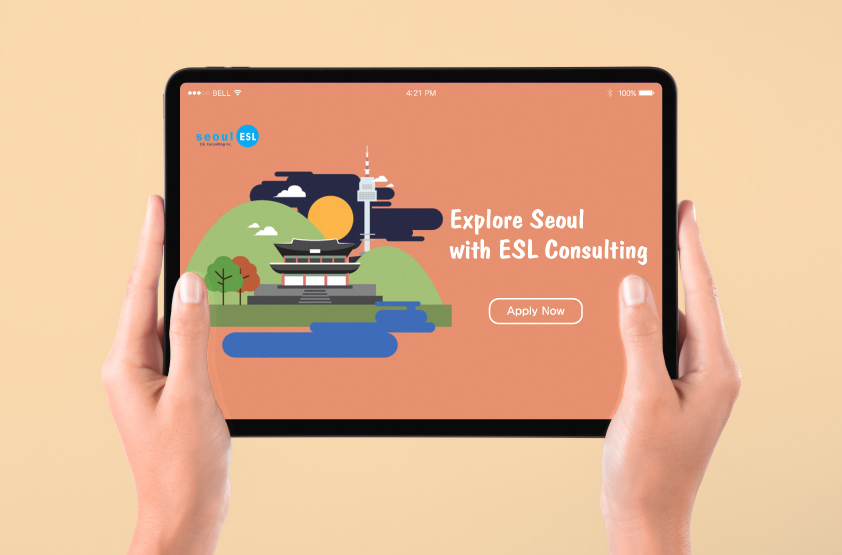 picture shows a tablet pc that displays explore seoul with ESL consulting